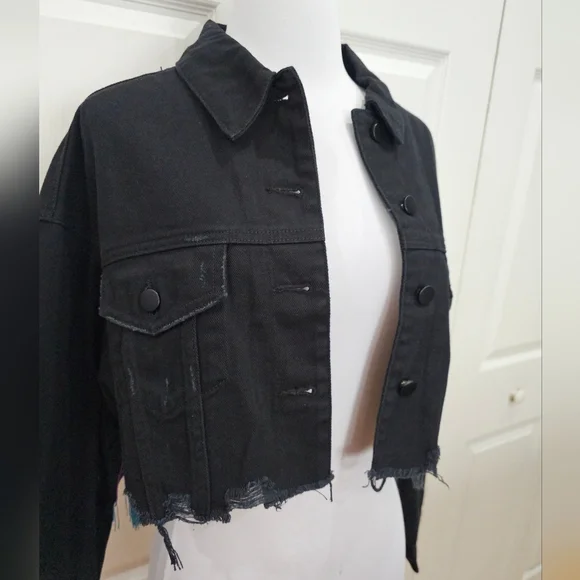 Dolls Kill Club Exx Rainbow Fringe Feel This Moment Black Denim Jacket Coat - Picture 3 of 9